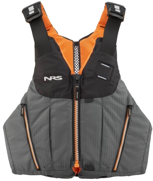 NRS Oso kayak life jacket shown from the side, highlighting its sleek design and pocket functionality.