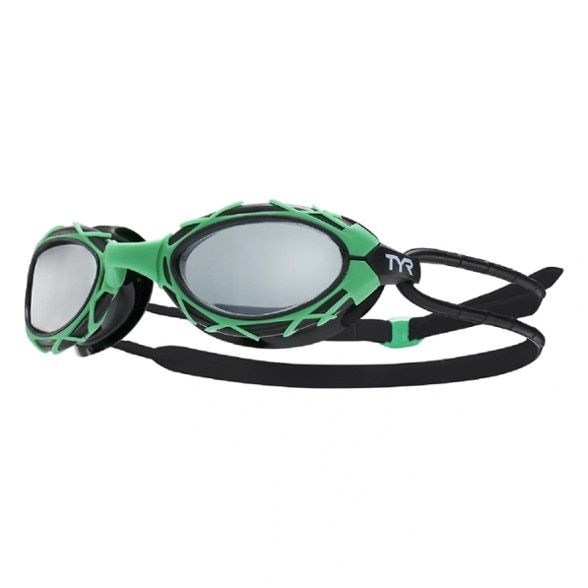 Close-up of TYR Nest Pro swim goggles showing anti-fog lenses and sleek frame