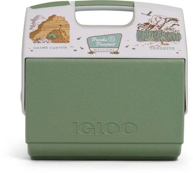 Close-up of vintage green igloo cooler with tent-top design for camping