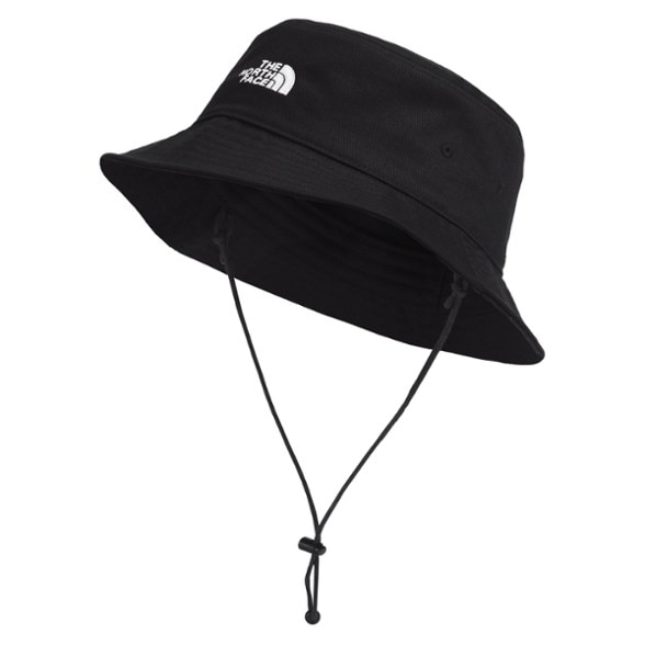 Close-up of EcoNorm recycled bucket hat with chin strap and embroidered logo