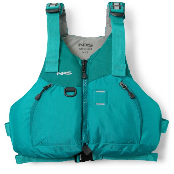 Front view of the NRS Comfort Fit PFD showcasing zip pockets and reflective accents.