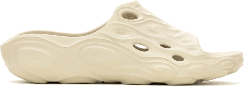 Merrell Hydro 2 slides on a sandy beach, showcasing their water-friendly design.