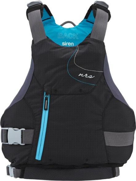 Siren Women's PFD showcasing front pocket and side-buckle entry, ideal for kayaking.