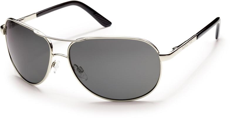 Front view of silver polarized aviator sunglasses with UV protection