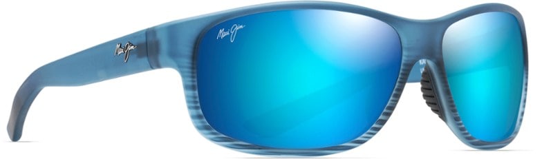 Maui Jim Kaiwi Channel polarized sunglasses worn by a hiker in a scenic outdoor setting