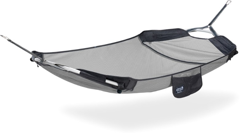 Side view of the indoor hammock showcasing mesh body and compact spreader bars.