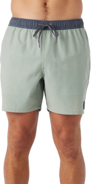 Front view of men's swim shorts showing elastic waistband and mid-thigh retro fit.
