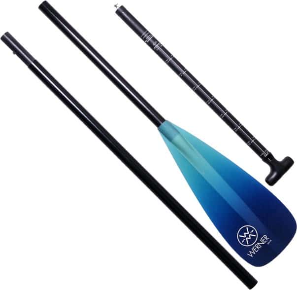 Zen 95 Travel Adjustable SUP Paddle in action on the water with vibrant colors.
