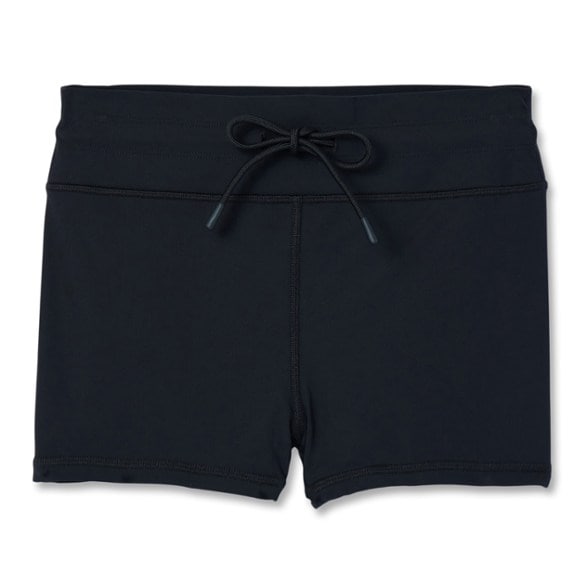 Front view of women's WaveReady swim shorts, highlighting the high-rise waist and drawcord design for comfort.