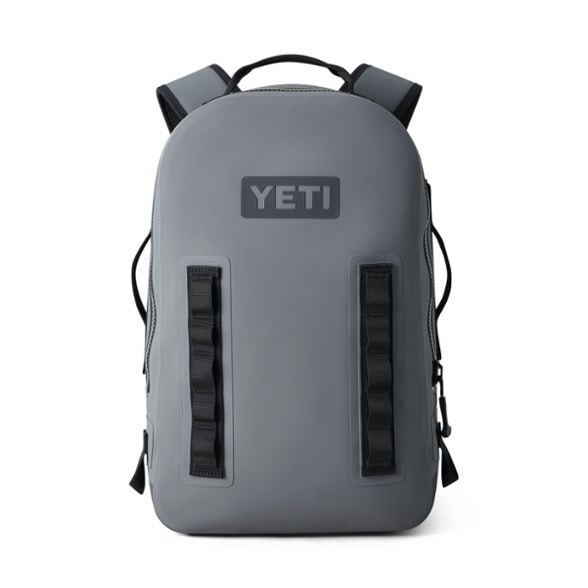 Front view of the waterproof backpack packed with gear, ready for kayaking.