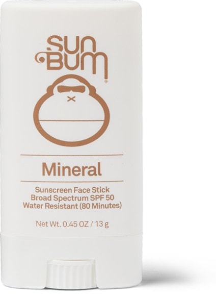Close-up of mineral SPF 50 face stick sunscreen application on face