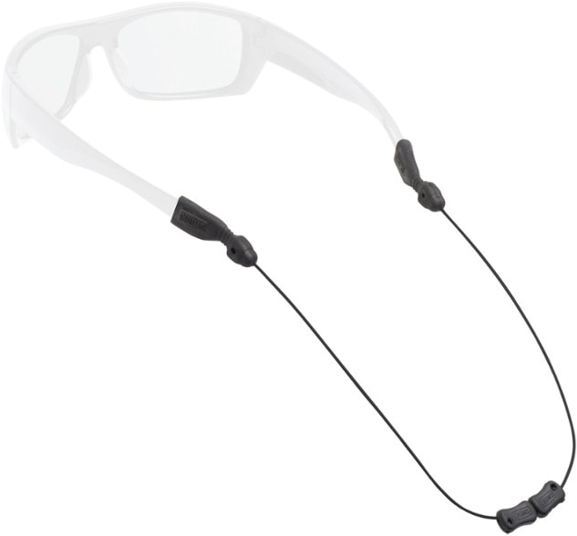 A close-up view of the Orbital Glide adjustable eyeglass retainer, showcasing its sleek stainless steel cable and adjustable bead mechanisms.
