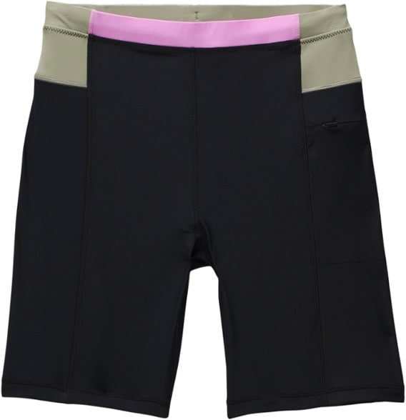 Front view of women's UPF 50+ swim shorts with color-blocked panels, perfect for sun protection