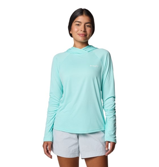 Close-up of the Tidal Light II women's UPF sun protection hoodie showing fabric texture and thumbholes