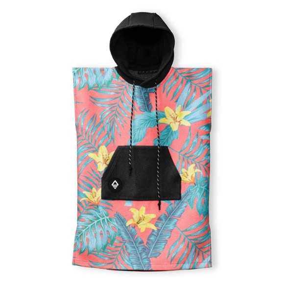 Front angle of beach towel poncho showing loose fit and vibrant pattern