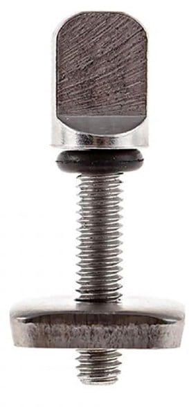 Close-up of the Vamo Swift-Fit tool-free fin screw kit, showing the knurled head for easy finger-tightening against a blue surfboard fin.