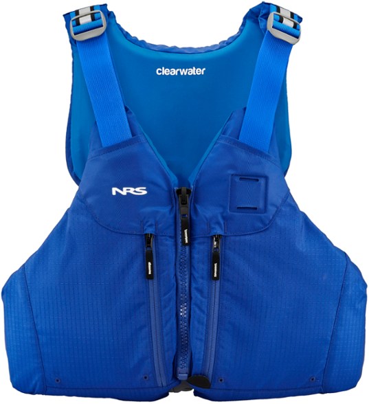 Front view of the NRS Clearwater PFD showing its high-back design and pockets.