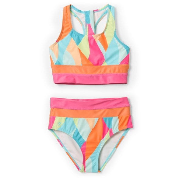 Front view of the SunFlex girls crop swimsuit set laid flat, showing vibrant color and clean lines.