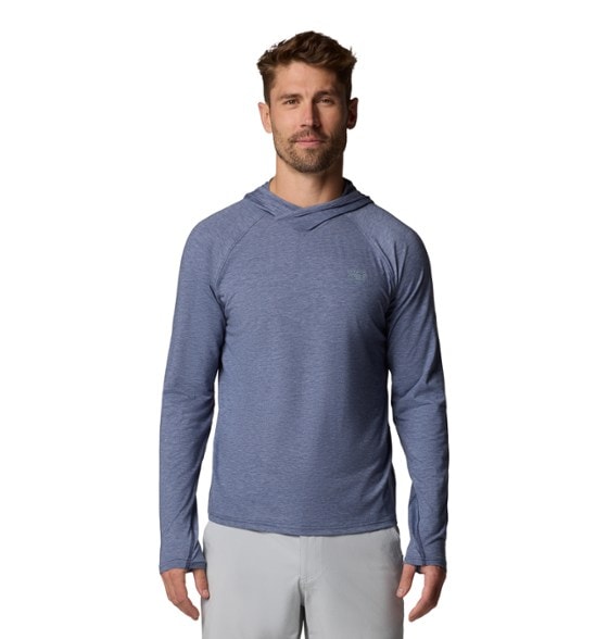 Front view of men's fishing hoodie with crossover hood in sunlight