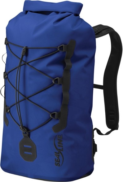 Close-up of the waterproof dry pack's roll-top closure and durable material