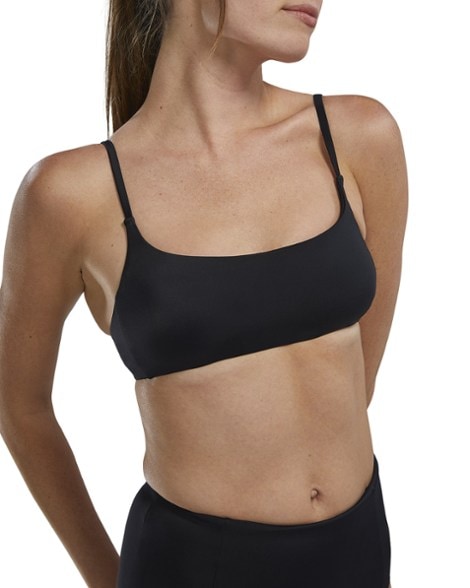 Front view of the TYR Nia swim top showing the scoop neckline and minimal seam design