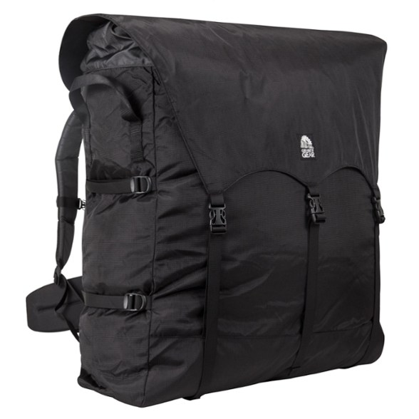 Front view of portage pack loaded for canoeing with padded shoulder harness