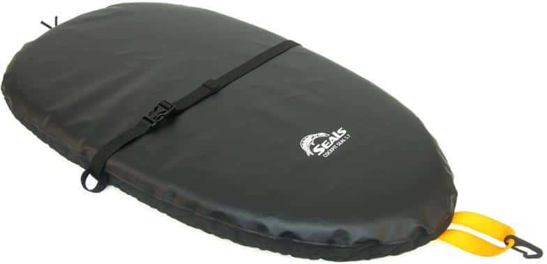 Puncture-proof kayak cockpit cover from the side showing the bungee grip system.