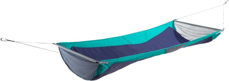 ENO Skyloft hammock set up in a forest, showcasing its spacious design for sleeping outdoors