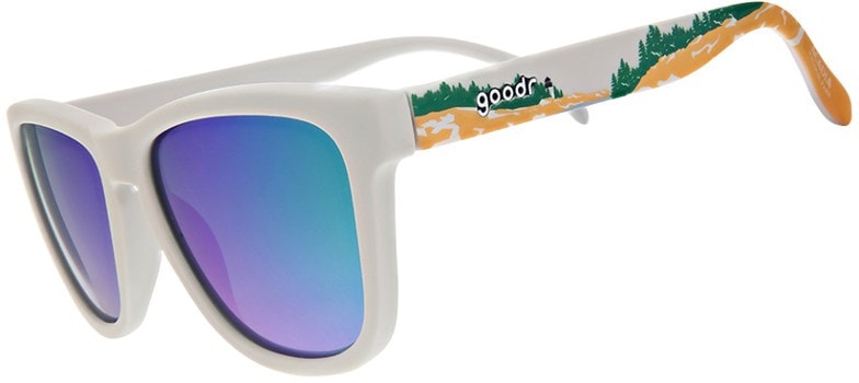 Acadia Adventure polarized sunglasses showcasing a snug fit for hiking in bright sunlight.