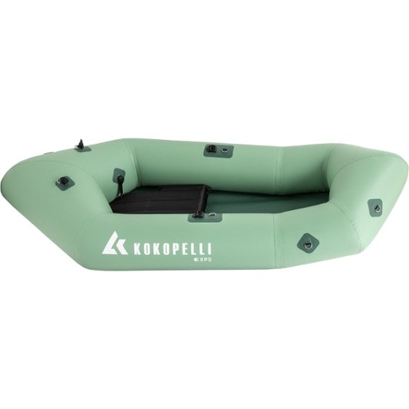 Side view of the RiverGlide XPD packraft, inflated and ready for use on calm water, showcasing its sleek design and included paddle.