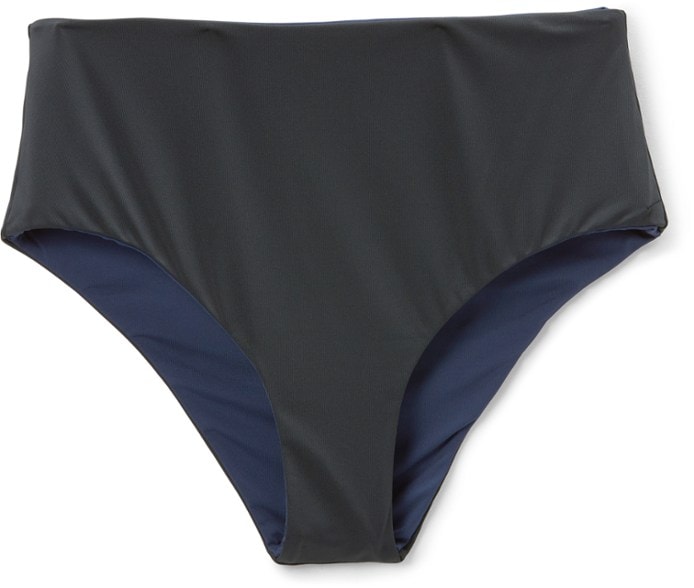 Women's high waisted reversible swim bottoms in solid color, showcasing the sustainable fabric