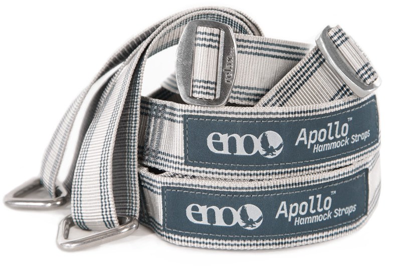 Close-up of Apollo TreeSafe hammock straps looped around a tree with wide webbing for tree protection.