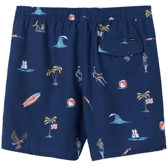 A man standing on a sandy beach, wearing O'Neill Hermosa 17 inch swim trunks in a vibrant blue color, showcasing the mid-thigh length and how they look in an active beach setting.