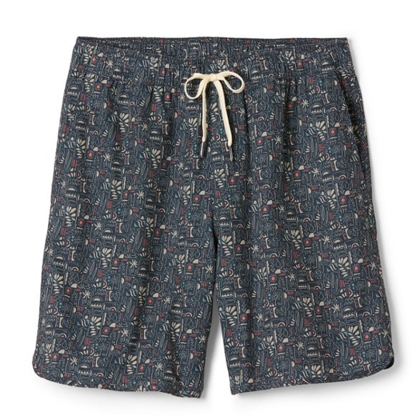 Front angle of men's swim shorts showing quick dry recycled fabric and drawstring waist