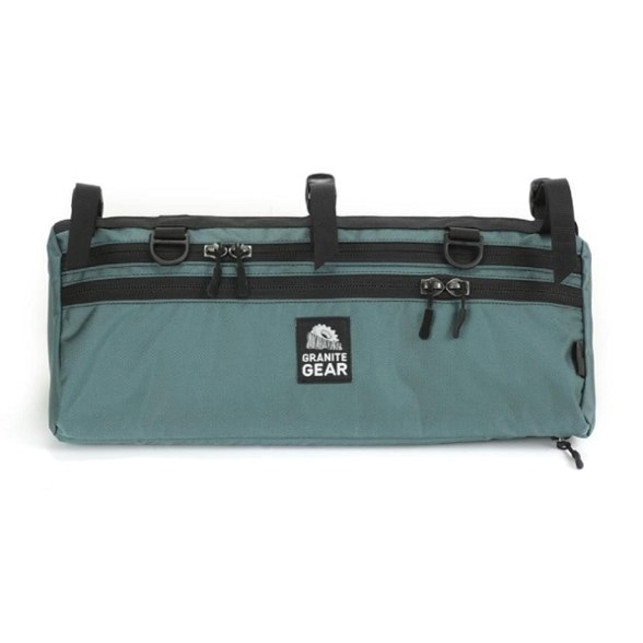 Granite Gear Wedge Canoe Thwart Bag from side angle, showcasing snap hook straps for backpacks.