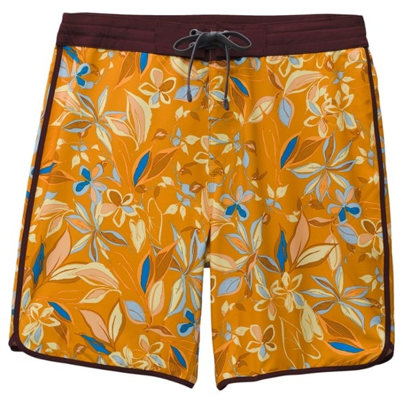 Front view of men's board shorts with pockets featuring scalloped hem and vintage detailing