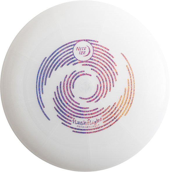 A Disc-O-Glow Pro rechargeable flying disc mid-flight at dusk, showcasing its vibrant color-changing LED lights against a blurred natural background.