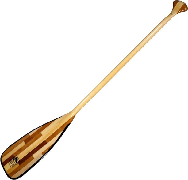 Side view of the Eco-Friendly Catalyst 11 Canoe Paddle showcasing its unique patchwork wood blade.