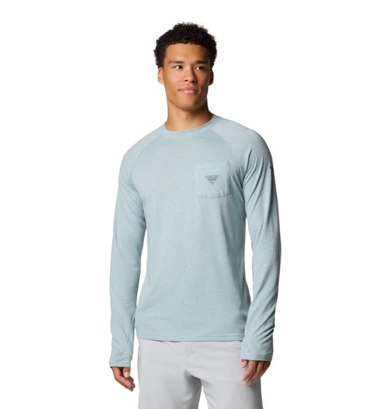 Close-up of Columbia PFG Uncharted Neps long-sleeve fishing shirt showing fabric texture and sun protection UPF 40