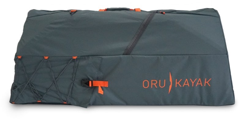 Front angle of the kayak pack showing paddle pocket and zippered access