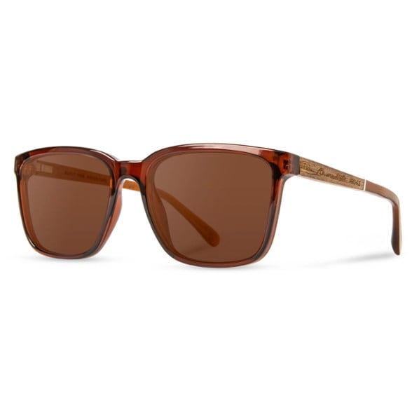 Side-angle view of adventure sunglasses showing wood accents and brown polarized lenses.